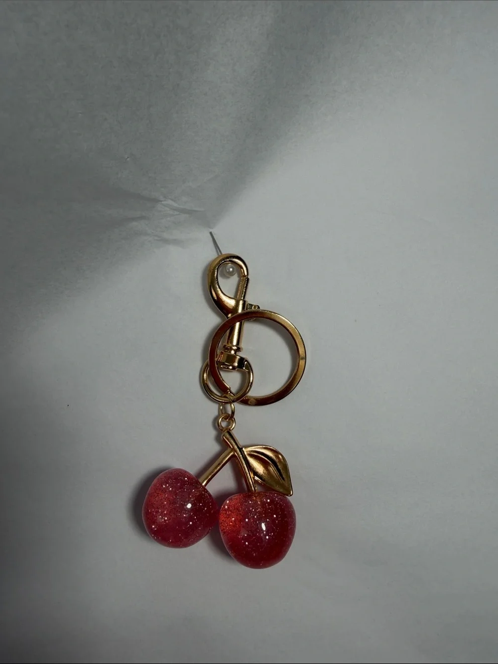 Gold Cherry Pendant Keychain - Pink Glitter Cherries